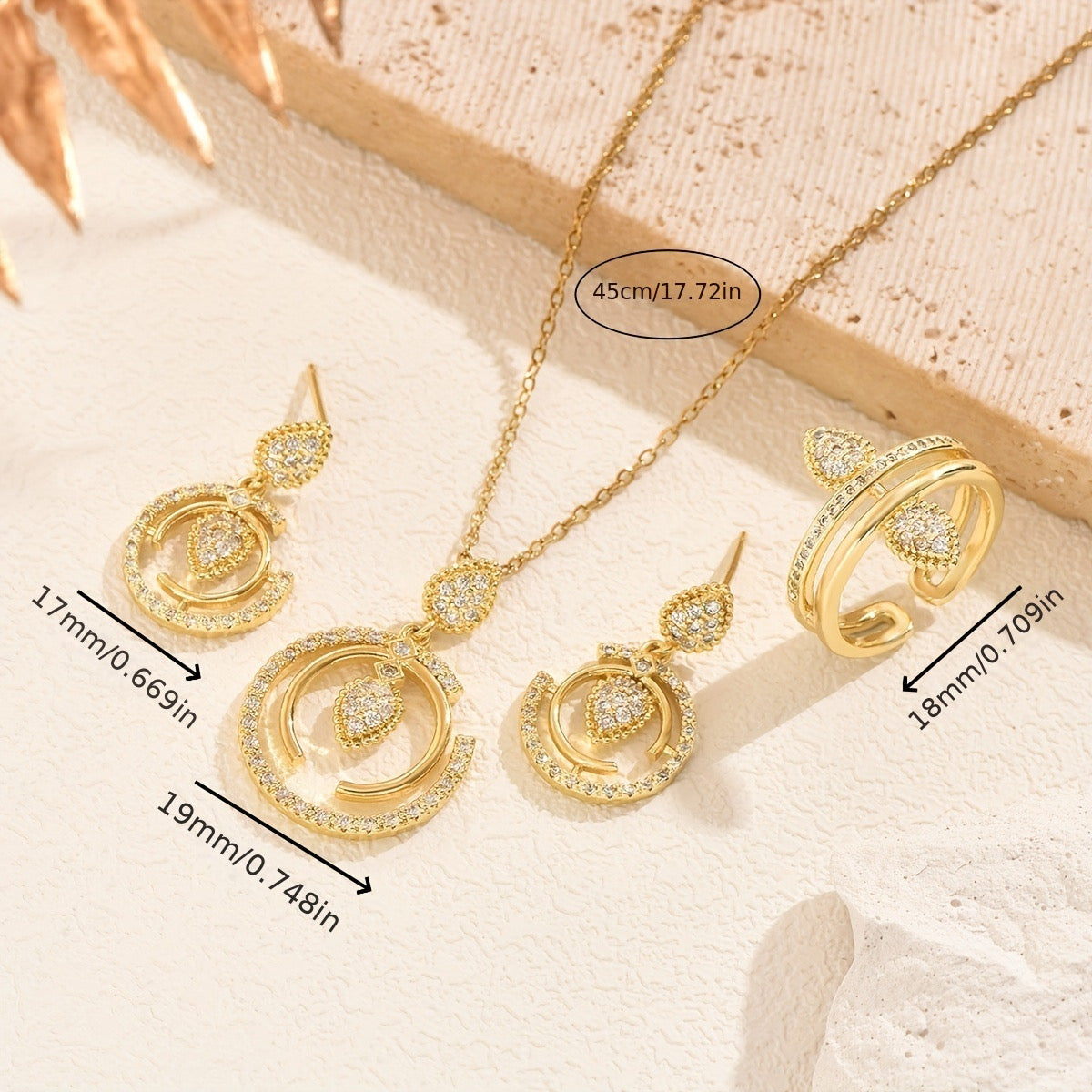 Glamour Dorado™ — Conjunto de Joyería Dorada con Circonias | Collar, Pantallas y Anillo Stainless Steel