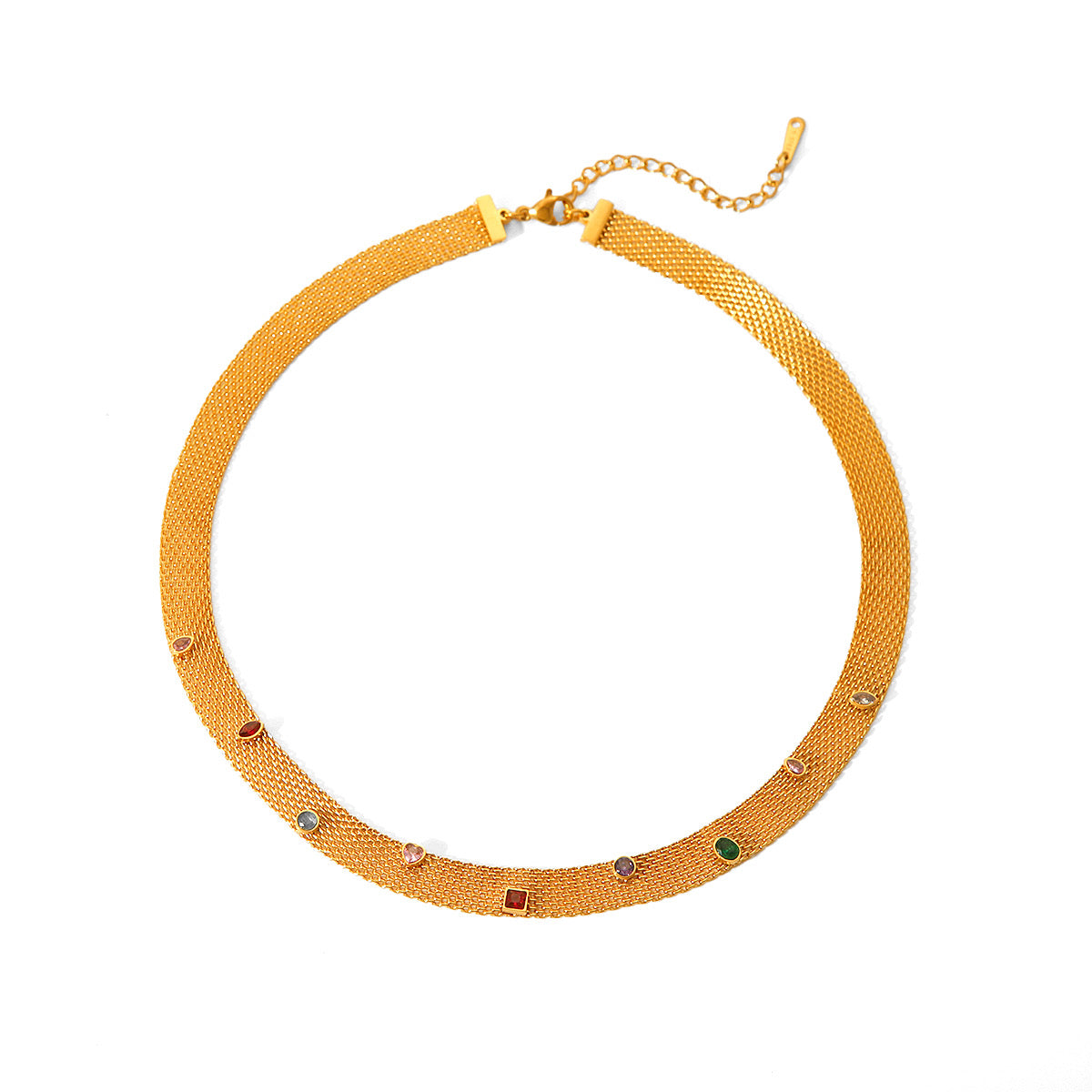 Golden Mirage™ — Collar Gargantilla Dorada con Gemas Multicolor | Malla Tejida Stainless Steel para Mujer