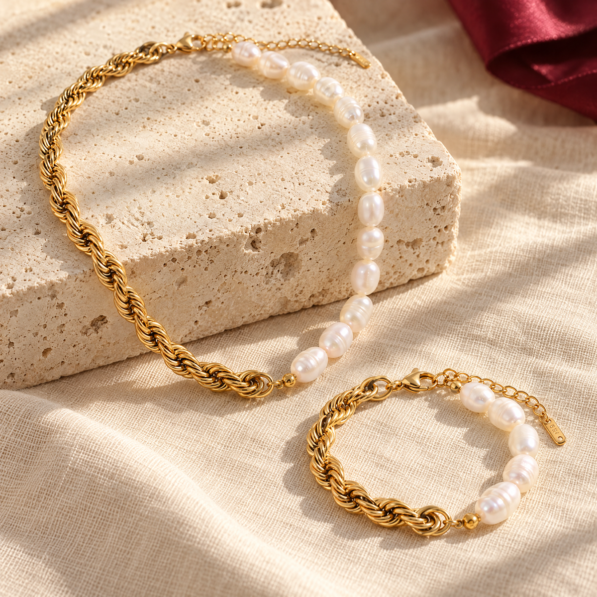 Perla Trenzada Set — collar y pulsera de perlas y cadena trenzada dorada