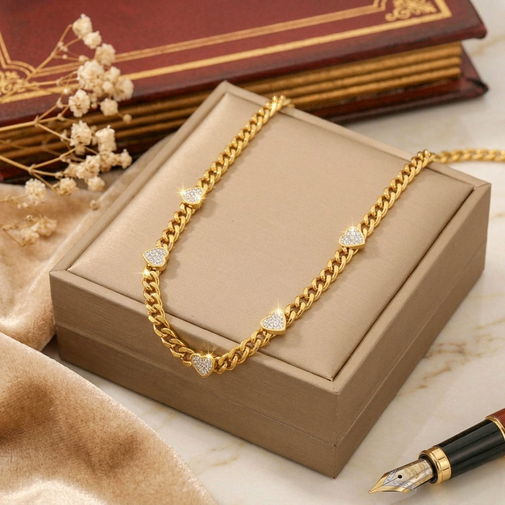 Golden Love™ — Conjunto de Joyería con Corazones de Circonias en Oro | Collar, Pulsera y Pantallas Stainless Steel