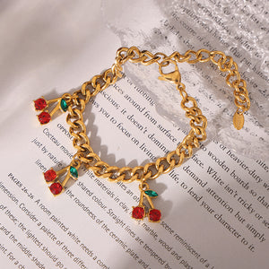 Cherry Gold™ — Conjunto de Joyería con Cerezas Esmaltadas en Oro | Collar y Pulsera Stainless Steel