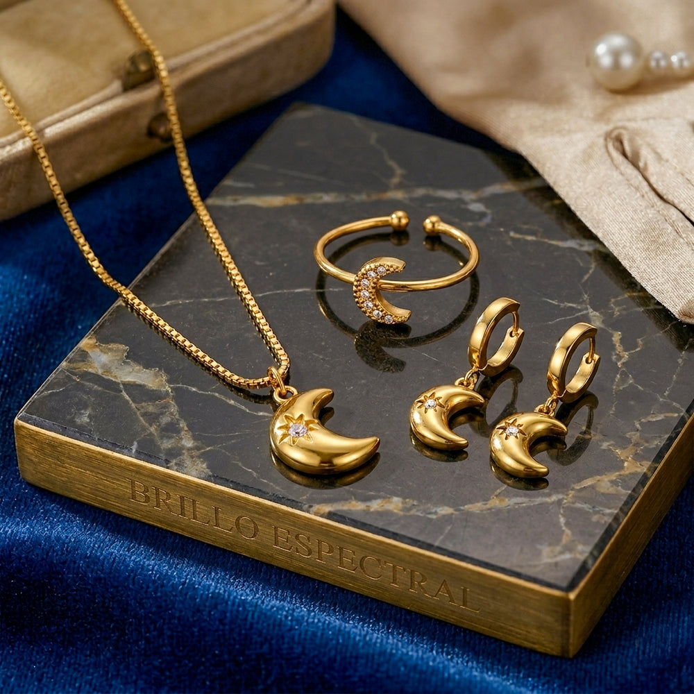Luna Celestial™ — Conjunto de Joyería Luna y Estrellas con Brillo Sutil | Collar, Pulsera y Pantallas Stainless Steel