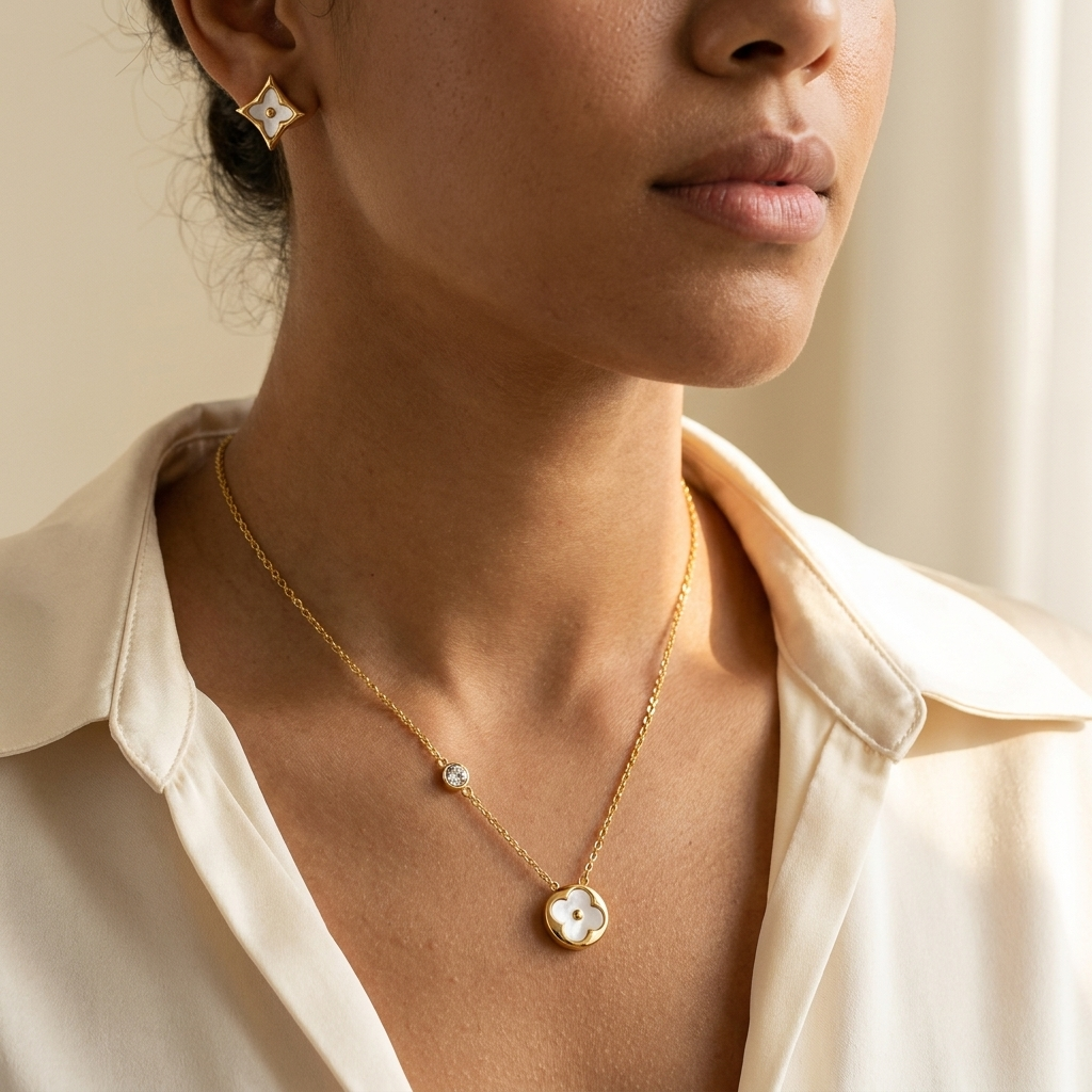 Trébol Estelar Set blanco — collar y arete puestos
