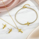 Luz Divina™ — Conjunto de Joyería con Cruz Dorada y Pulsera Tipo Tenis | Collar, Pantallas y Anillo Stainless Steel