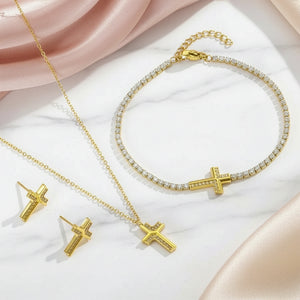 Luz Divina™ — Conjunto de Joyería con Cruz Dorada y Pulsera Tipo Tenis | Collar, Pantallas y Anillo Stainless Steel