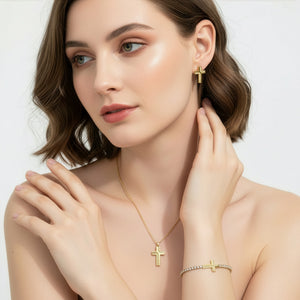 Luz Divina™ — Conjunto de Joyería con Cruz Dorada y Pulsera Tipo Tenis | Collar, Pantallas y Anillo Stainless Steel