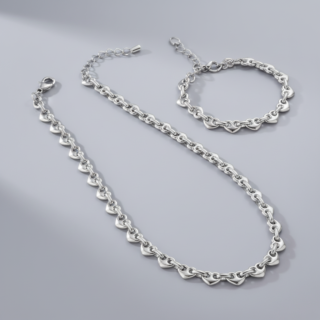 Estilo Sin Limites™ — Conjunto de Cadena y Pulsera con Eslabones Gruesos Plateados | Collar y Pulsera Stainless Steel Unisex